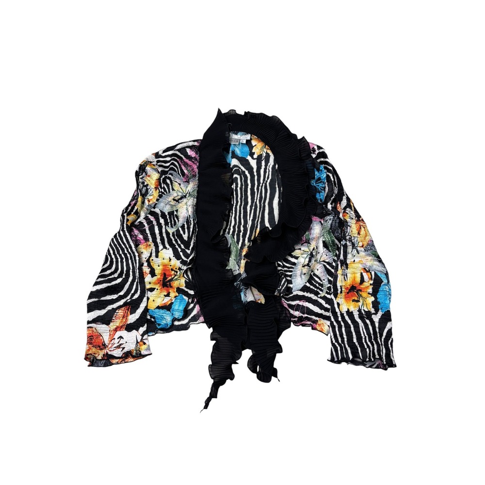 Alberto Makali Zebra Floral Plisse Ruffle Tie Front Cropped Cardigan Women Large